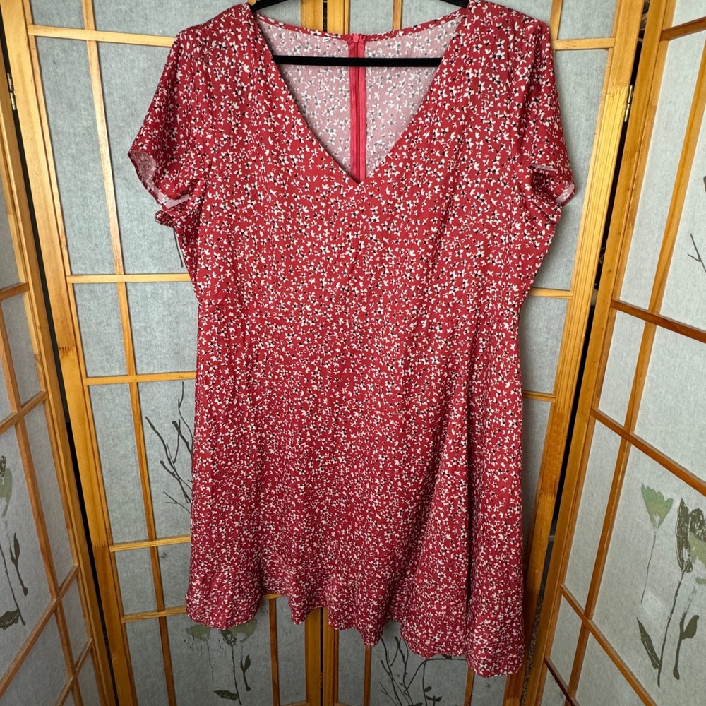 Red Floral Ditsy V-Neck Ruffle Hem Mini Dress 4XL swdress03190422204